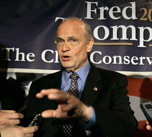 Then-Republican presidential hopeful, former Tennessee Sen. Fred Thompson fields questions from the media during a campaign stop to talk to supporters in Prosperity, S.C. in this Jan. 17, 2008 file photo. Thompson has quit the presidential race, according Mary Ann Chastain, The Associated Press

