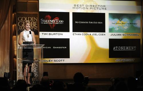 Dayna Devon announces Julian Schnabel as the winner for Best Director - Motion Picture at the 65th Annual Golden Globes, Sunday, Jan. 13, 2008, in Beverly Hills, Calif. Mark J. Terrill, The Associated Press
