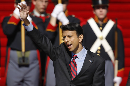 Louisiana Gov. Bobby Jindal waves as he delivers his inaugural speech Monday on the steps of the Louisiana State Capitol in Baton Rouge, La. Tim Mueller, The Associated Press
