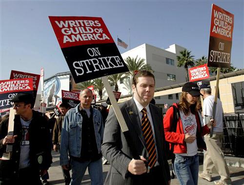 Paul Howes, second from right foreground, National Secretary of the Australian Workers Union, joins striking picketers outside Fox Studios Wednesday Jan. 16, 2008 in Los Angeles. Producers of the Grammy Awards have requested an interim agreement that woul Nick Ut, The Associated Press
