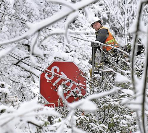 Chris Palmer of Charter Communications prepares to work on a downed line amid a tangle of downed tree limbs in Ashland, Ore., Monday, Jan. 28, 2008 after a storm dropped 8 to 10 inches (20 to 25 cms) of snow in the city. Jim Craven, The Associated Press
