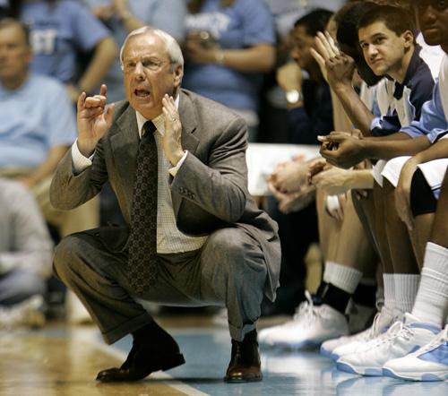 North Carolina coach Roy Williams directs his team during the second half of a college basketball game against Clemson in Chapel Hill, N.C., Feb. 10. North Carolina won, 103-93, in double overtime. Gerry Broome, The Associated Press
