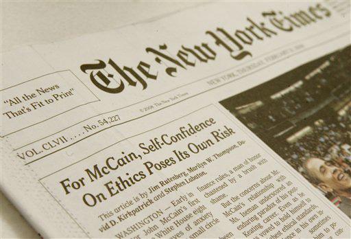The front page of the Thursday Feb. 21, 2008, edition of the New York Times featuring a story about presidential hopeful Sen. John McCain, R-AZ, is shown in this photo in New York, Thursday Feb. 21, 2008. McCain denied a romantic relationship with a femal Richard Drew
