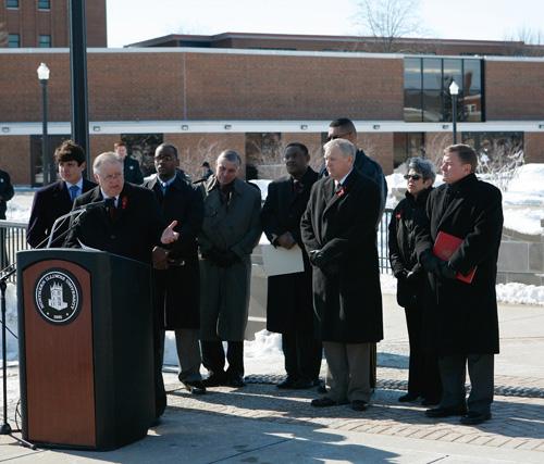 Northern Illinois president John G. Peters is joined by Ill. Gov. Rod Blagojevich, left, and other officials as they announce plans to replace Cole Hall with a new classroom building to be named Memorial Hall during a news conference in DeKalb, Ill., on W Brian Kersey, The Associated Press
