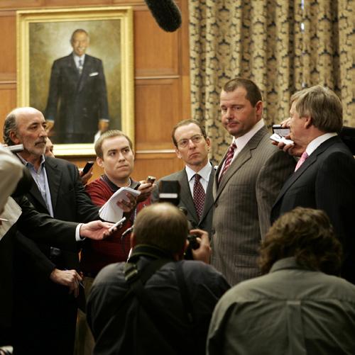Roger Clemens, second from right, is surrounded by members of the media on Capitol Hill in Washington on Tuesday. Evan Vucci, The Associated Press
