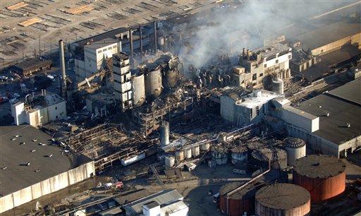 Firefighters continue to fight a fire Friday, Feb. 8, 2008, at the Imperial Sugar Company after an explosion Thursday night ripped apart the plant on the Savannah River in Port Wentworth, Ga. Six people were missing, and more than 50 people where taken to Stephen Morton, The Associated Press
