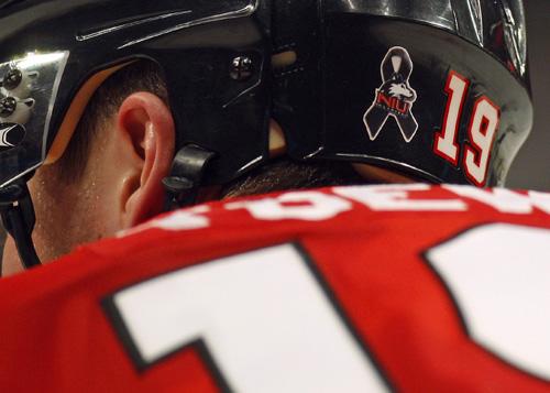 Chicago Blackhawks center Jonathan Toews sports an NIU decal on his helmet against the Colorado Avalanche on Sunday in Chicago. Jerry Lai
