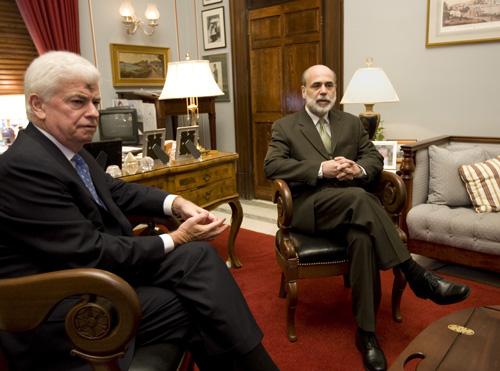 Ben Bernanke, right, meets with Senate Banking Chairman, Sen. Christopher Dodd, D-Conn., Wednesday. Scott Applewhite, The Associated Press
