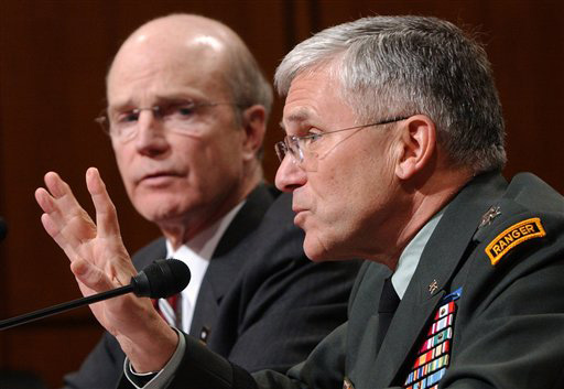 Army Chief of Staff Gen. George Casey, right, accompanied by Army Secretary Preston Green, gestures during an appearance before the Senate Armed Services Committee on Capitol Hill in Washington, Tuesday, Feb. 26, 2008. Dennis Cook, The Associated Press
