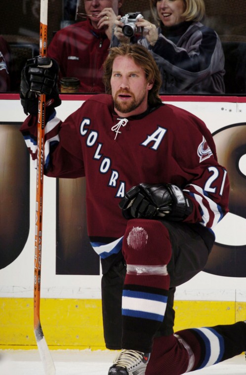 Colorado Avalanche forward Peter Forsberg stretches in Denver on Dec. 27, 2003. Avalanche officials announced Monday that Forsberg, who has been struggling with a foot and ankle injury, will rejoin the Avalanche for the rest of the 2007-2008 season. David Zalubowski, The Associated Press
