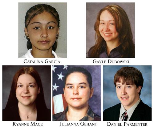 This combination of five photographs shows the victims of the Thursday, Feb. 14, 2008 shooting at Northern Illinois University. Top row, from left: Catalina Garcia and Gayle Dubowski. Bottom row, from left: Ryanne Mace, Julianna Gehant and Daniel Parmente The Associated Press
