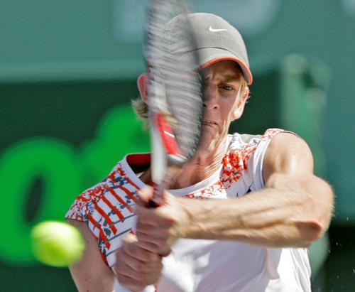 Kevin Anderson returns to Novak Djokovic during a second-round match at the Sony Ericsson Open tournament in Key Biscayne, Fla., Friday. Alan Diaz, The Associated Press
