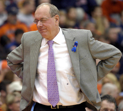 Syracuse coach Jim Boeheim grimaces during the second half against Pittsburgh in a basketball game in Syracuse, N.Y., on Saturday. Syracuse is one of several bubble teams heading into the final weeks of the regular season. Kevin Rivoli, The Associated Press
