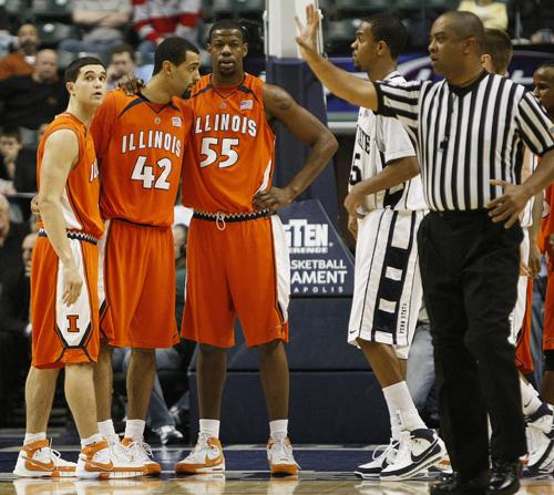 Illinois reacts after Brian Randle (42) was called for his fourth foul during the March 13 game versus Penn State at the Conseco Fieldhouse in Indianapolis, Ind. Erica Magda
