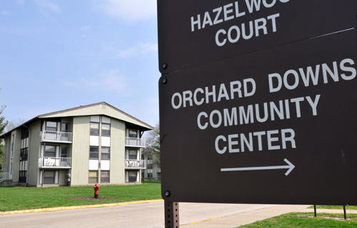 A sign stands near an apartment building at Orchard Downs on Tuesday. The University has begun discussion on future renovations at the complex. Erica Magda
