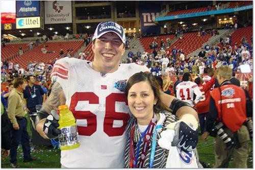 Giants left tackle David Diehl stands on the sidelines with his wife, Nikki, after playing in Super Bowl XLII. Photo courtesy of Kaitlyn Eisner-Poor
