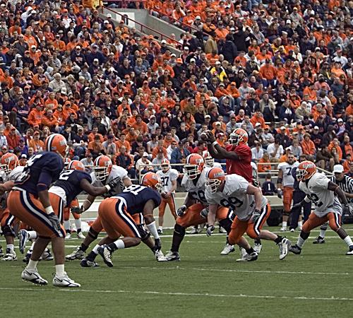 A play begins during the first half of the Spring Game at Memorial Stadium, Saturday, April 19, 2008. The Offense won the scrimmage 38-31 over the Defense. Erica Magda
