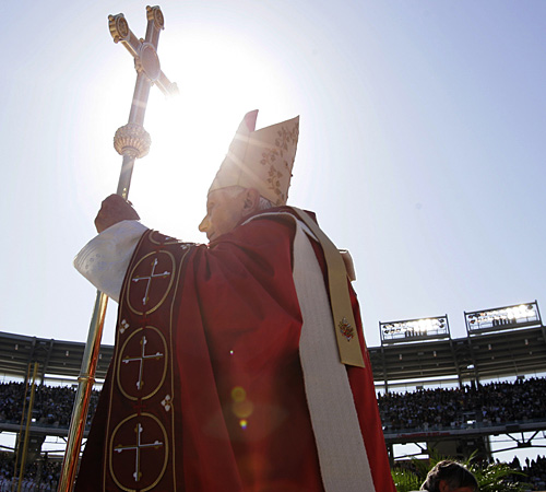 Pope Benedict XVI arrives to celebrate Mass on Thursday at Washington Nationals Park in Washington. Susan Walsh, The Associated Press
