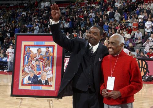 In a photo provided by the Detroit Pistons, Isiah Thomas, president of the New York Knicks, left, stands with Detroit basketball legend Will Robinson as he is honored by the Detroit Pistons on Dec. 2, 2005, in Auburn Hills, Mich. Robinson, who was the fir Detroit Pistons, The Associated Press
