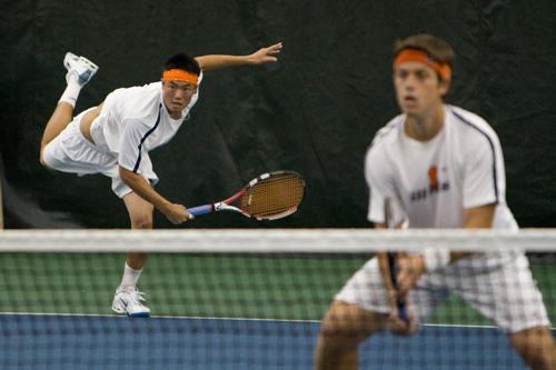 Waylon Chin (left) and Brandon Davis compete in a doubles match April 12. Erica Magda
