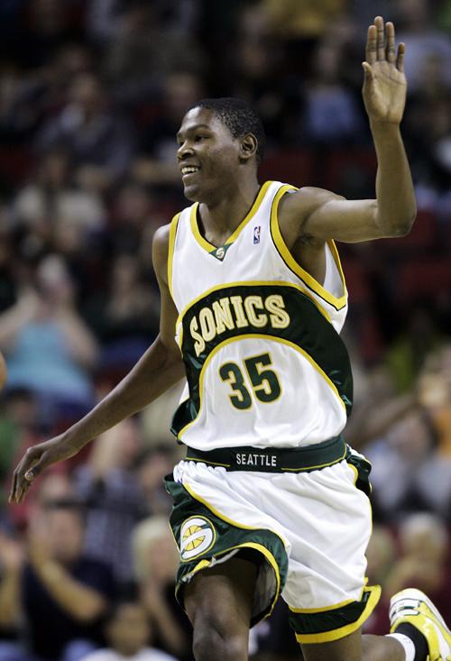 Seattle guard Kevin Durant after the first quarter against San Antonio in an NBA game at Key Arena, Seattle, on Nov. 25, 2007. Ted S. Warren, The Associated Press
