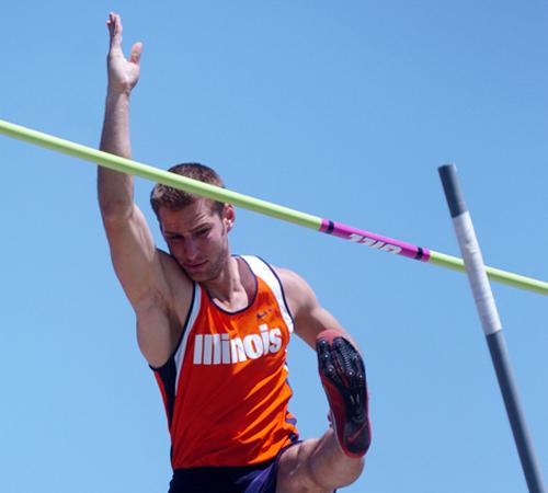 Andrew Zollner attempts a pole vault on Friday, May 18, 2008, at the first day of the Big 10 championships in Champaign. Zollner got first in the event as part of the Mens decathlon competition on Saturday by clearing 4.95 meters. Wes Anderson
