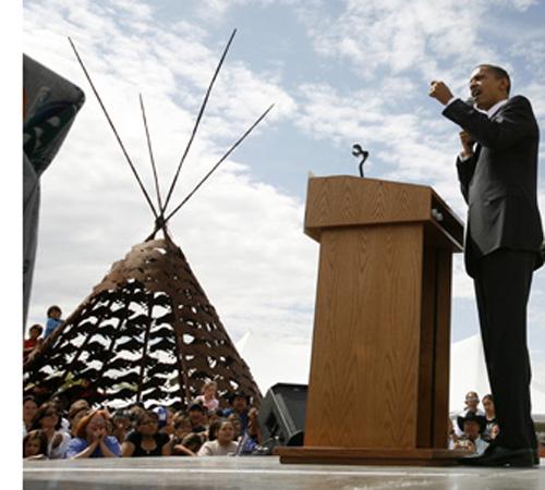 Sen. Barack Obama, D-Ill., speaks at a rally in Crow Agency, Mont., on Monday. Chris Carlson, The Associated Press
