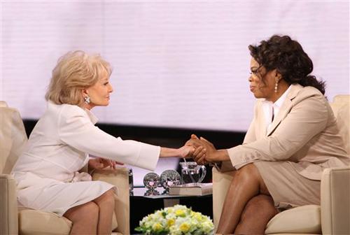 In this image released by Harpo Productions, journalist Barbara Walters, left, holds the hand of Oprah Winfrey during an interview for The Oprah Winfrey Show, in April, scheduled to air on Tuesday, May 6, 2008. George Burns, Harpo Productions, The Associated Press

