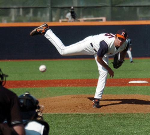 Kevin Manson pitches against Purdue during the first game of a series last Friday. The sophomore allowed six earned runs in a 14-4 loss and the Illini dropped the series 3-1. Illinois will face Ohio State in the first round of the Big Ten Tournament. Susan Kantor
