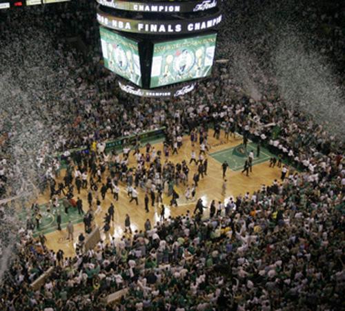 Confetti flies as the Boston Celtics celebrate their 131-92 win over the Los Angeles Lakers to win the NBA basketball Championship in Boston on Tuesday. Bill Sikes, The Associated Press
