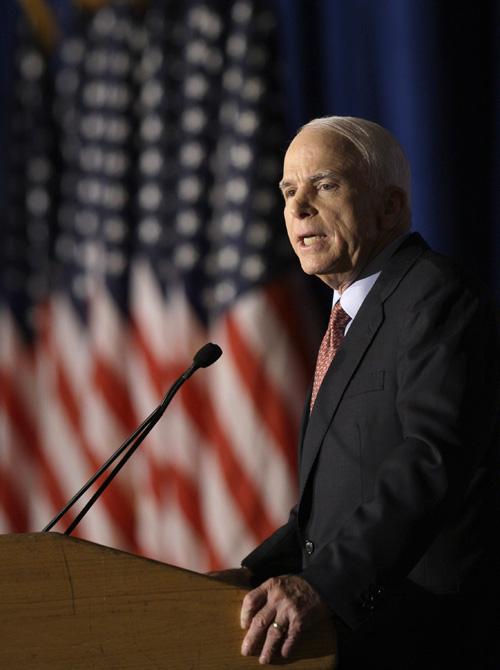 Republican presidential candidate Sen. John McCain, R-Ariz., makes a campaign stop at the American GI Forum Convention in Denver on Friday. McCain said Sunday he is against affirmative action in most cases, and opposes the use of quota systems. Carolyn Kaster, The Associated Press
