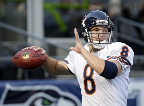 Chicago Bears quarterback Rex Grossman throws during warmups Aug. 16 before a preseason game against the Seattle Seahawks at Qwest Field in Seattle. Grossman will back up Kyle Orton after losing their camp battle. Ted S. Warren, The Associated Press
