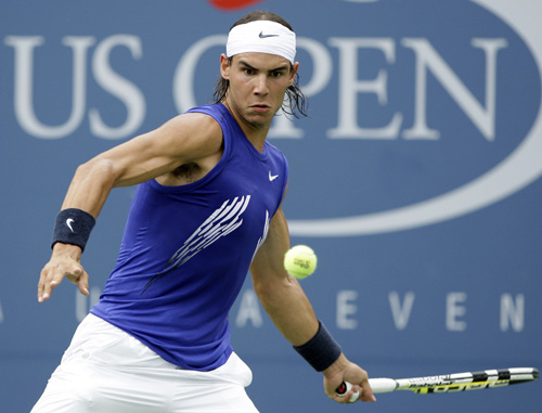 No. 1 Rafael Nadal returns a shot to Bjorn Phau in the first round of the U.S. Open in New York on Monday. Charles Krupa, The Associated Press
