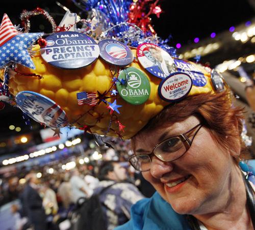 Nany Bobo, a delegate from Des Moines, Iowa, smiles beneath her corn hat during the Democratic National Convention in Denver, Monday. Charles Dharapak, The Associated Press
