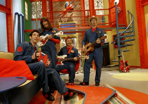 Imagination Movers, from left, Rich Collins, Scott Durbin, Dave Poche, Scott Smitty Smith rehearse on the studio on the set of their Disney televsion show in Harahan, La., Dec. 12, 2007. Cheryl Gerber, The Associated Press
