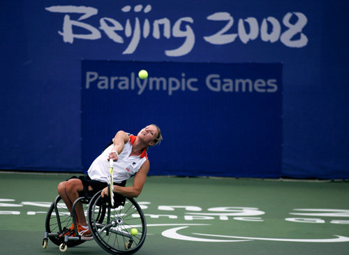 No. 1-ranked wheelchair tennis player in the world Esther Veerger returns a ball during a wheelchair tennis match against former top seed Daniela di Toro at the Paralympic Games in Beijing on Monday. Elizabeth Dalziel, The Associated Press
