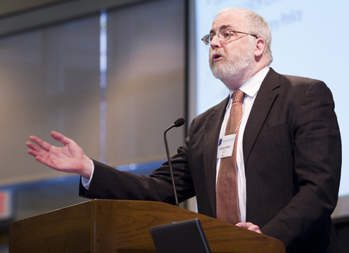 Finance professor Charles Kahn delivers a lecture during the symposium The Euro, the Dollar, and the Global Financial Crisis at the Alice Campbell Alumni Center on Tuesday. Erica Magda
