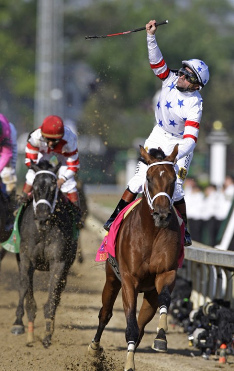 Kent Desormeaux rides Big Brown to victory in the 134th Kentucky Derby at Churchill Downs in Louisville, Ky. on May 3. Big Brown injured his right front foot during a workout Monday, which is forcing him into retirement. Darron Cummings, The Associated Press
