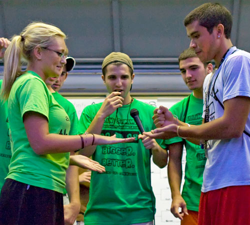 Jill Knuth, a freshman in LAS, and Rene Valdez, a sophomore in LAS, face off in the finals of a rock paper scissors tournament held on Sunday. Trevor Greene
