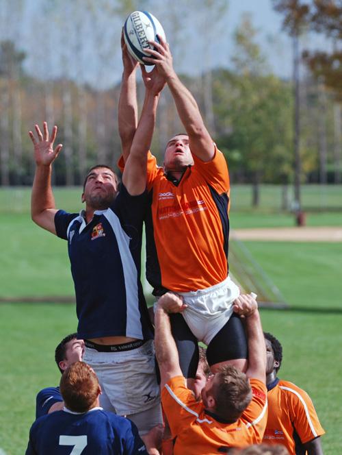 An Illinois rugby player grabs the ball in a lineout Saturday against Iowa State. The Illini were ahead the entire match and won 36-20. Brennan Caughron
