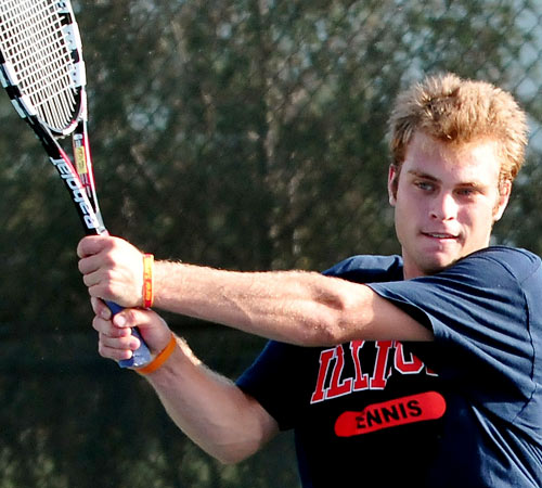 Freshman Dennis Nevolo practices at the Atkins Tennis Center Tuesday afternoon. Erica Magda
