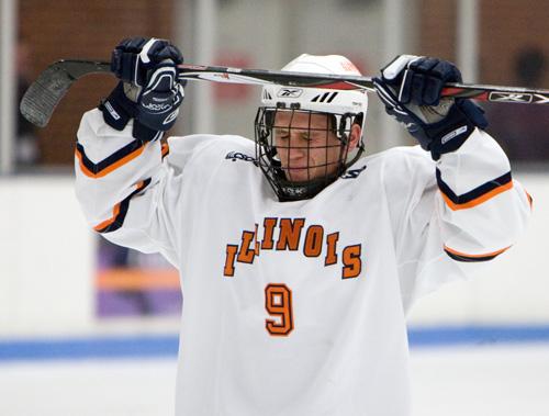 Junior Tom Connell reacts to a play against Oakland University at the Ice Arena on Oct. 3. His hat trick this weekend helped the Illini beat Kent State. Erica Magda
