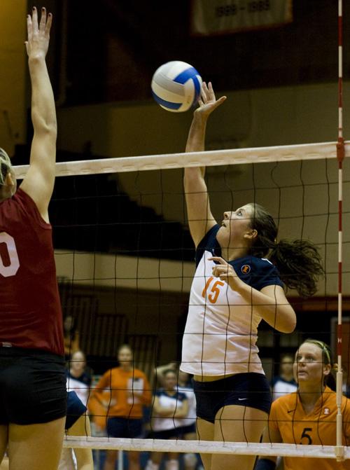 Kylie McCulley spikes the ball in attempts to score against Indiana in Huff Hall on Saturday. Erica Magda
