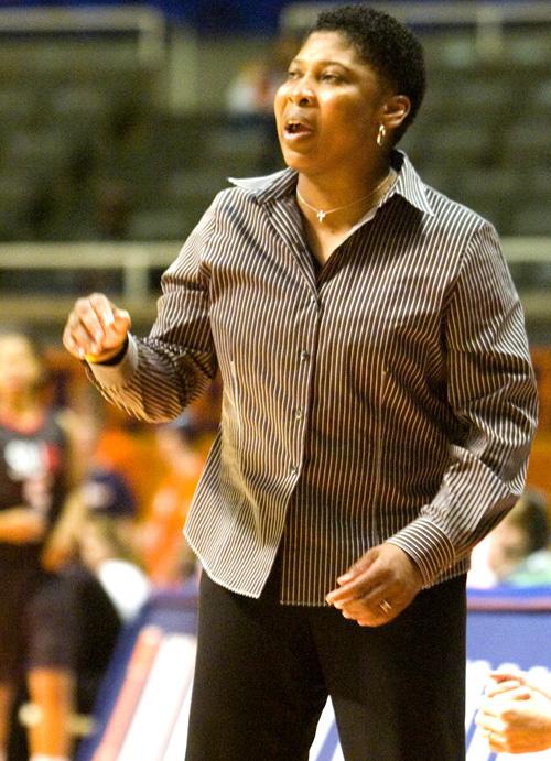 Coach Jolette Law shouts instructions Sunday at Assembly Hall during an exhibition game against SIUE. Erica Magda
