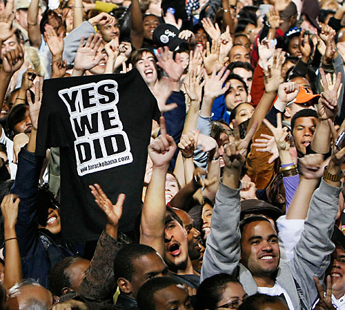 Supporters cheer during the election night party for Democratic presidential candidate Sen. Barack Obama, D-Ill., at Grant Park in Chicago, Tuesday night, Nov. 4, 2008. Pablo Martinez Monsivais, The Associated Press
