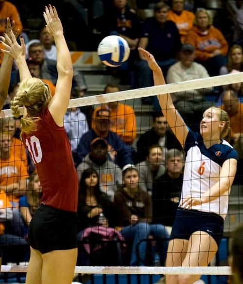 Michelle Bartsch spikes the ball against Indiana on saturday Nov. 15 at Huff Hall. Erica Magda
