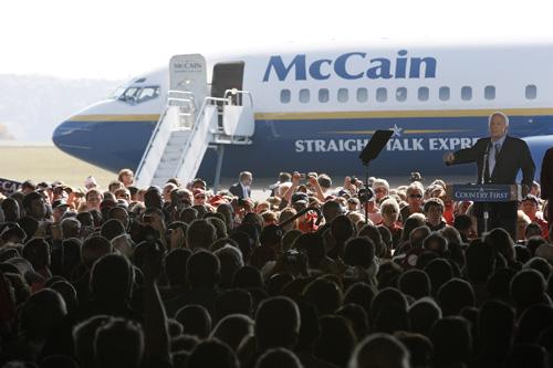 Sen. John McCain, R-Ariz., addresses supporters during an airport campaign rally in Blountville, Tenn. on Monday afternoon. Stephan Savoia, The Associated Press
