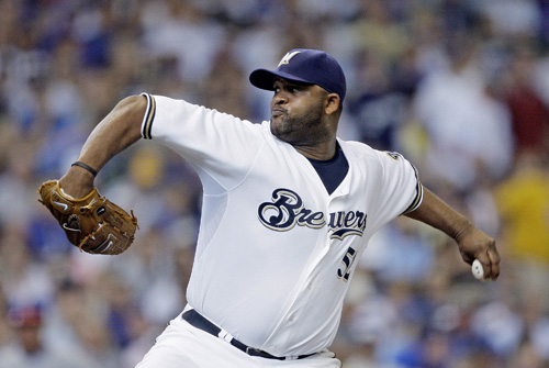 Milwaukee Brewers pitcher CC Sabathia throws in the fifth inning of a baseball game Sept. 28 in Milwaukee. Sabathia and the Yankees are closing in on a seven-year, $161 million contract. Morry Gash, The Associated Press
