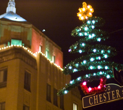 A tree is lit on Neil Street in Champaign on Tuesday. Erica Magda
