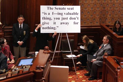 One of Gov. Rod Blagojevichs quotes is displayed as evidence during the second day of his impeachment trial in the Illinois senate in Springfield, Ill. on Tuesday, Jan. 27, 2009. Senators listened to secretly recorded conversations in which Blagojevich appears to talk about pressuring people for campaign donations. (AP Photo/The Chicago Tribune, Michael Tercha) **CHICAGO LOCALS OUT, ROCKFORD REGISTER STAR OUT, MAGS OUT, NO SALES, TV OUT**
